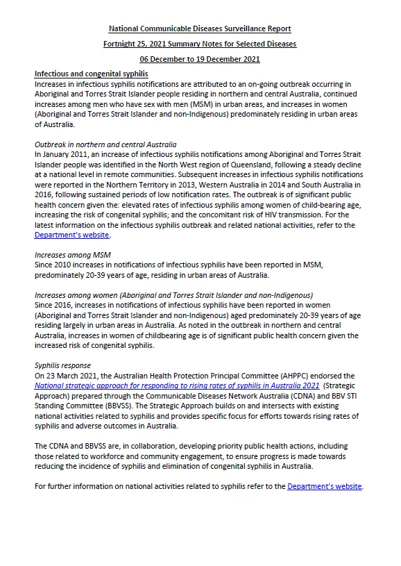 National Notifiable Diseases Surveillance System (NNDSS) fortnightly reports – 6 to 19 December 2021