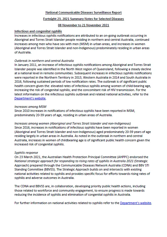Cover image for National Notifiable Diseases Surveillance System (NNDSS) fortnightly reports – 8 to 21 November 2021
