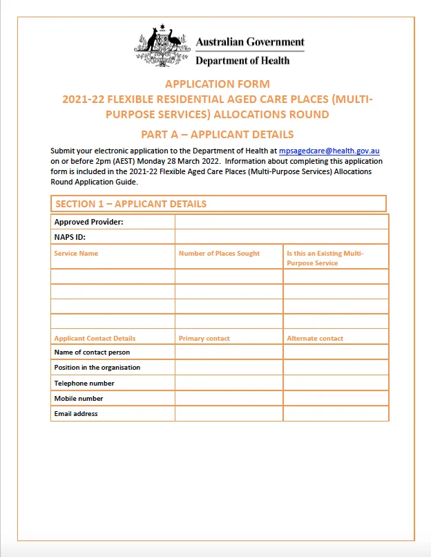Cover image for 2021–22 Flexible aged care places (Multi-purpose services) allocations round – Application – Part A: Applicant details