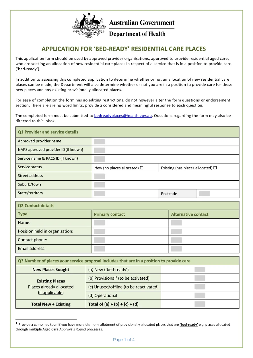 Application for bed-ready residential care places form
