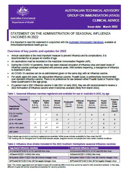 ATAGI advice on seasonal influenza vaccines in 2022