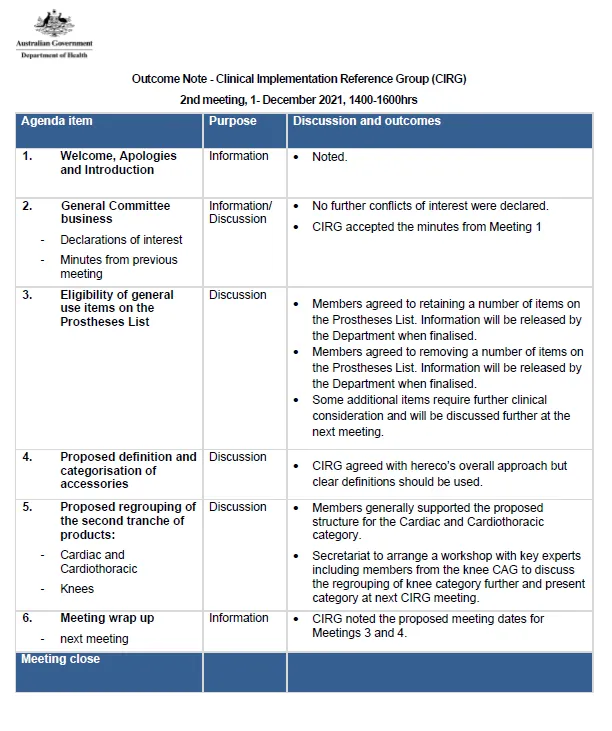 Outcome Note Clinical Implementation Reference Group (CIRG) Second meeting