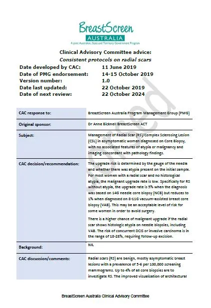 BreastScreen Australia – Clinical Advisory Committee advice: Consistent protocols on radial scars