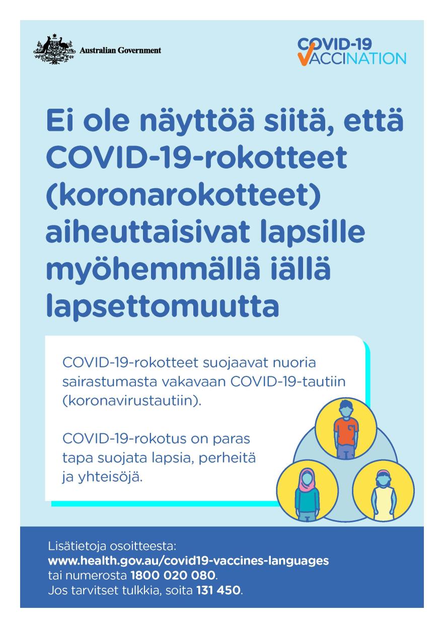 COVID-19 vaccination – Ei ole näyttöä siitä, että COVID-19-rokotteet (koronarokotteet) aiheuttaisivat lapsille myöhemmällä iällä lapsettomuutta (No evidence of future infertility)