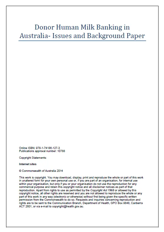Cover image for Donor human milk banking in Australia – issues and background paper