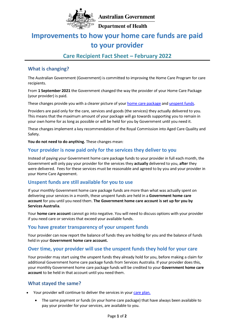 Improvements to how your home care funds are paid to your provider - Care Recipient Fact Sheet