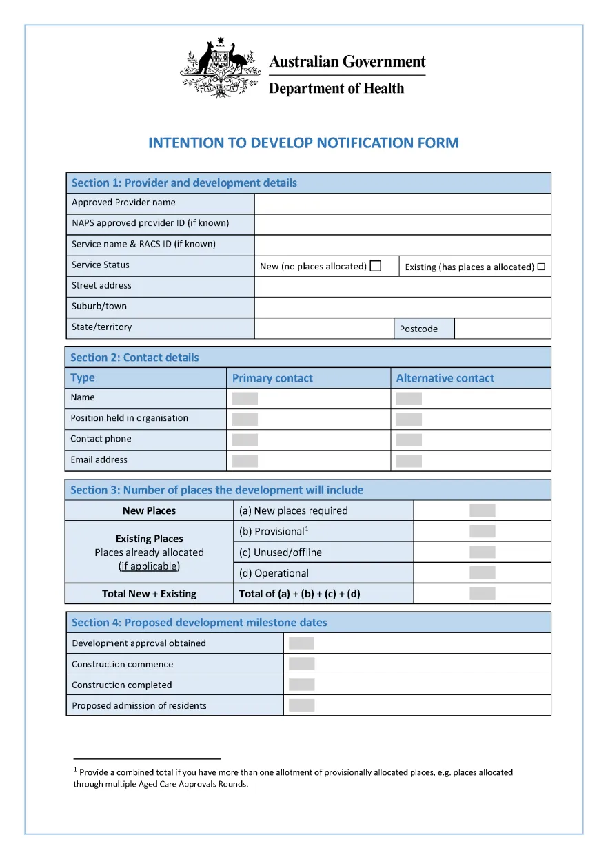 Intention to develop notification form
