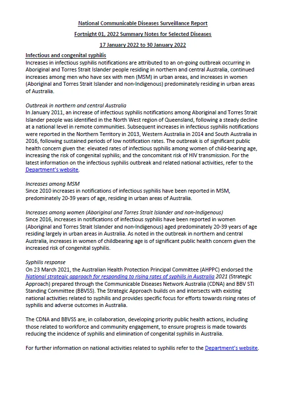 Cover image for National Notifiable Diseases Surveillance System (NNDSS) fortnightly reports – 17 to 30 January 2022