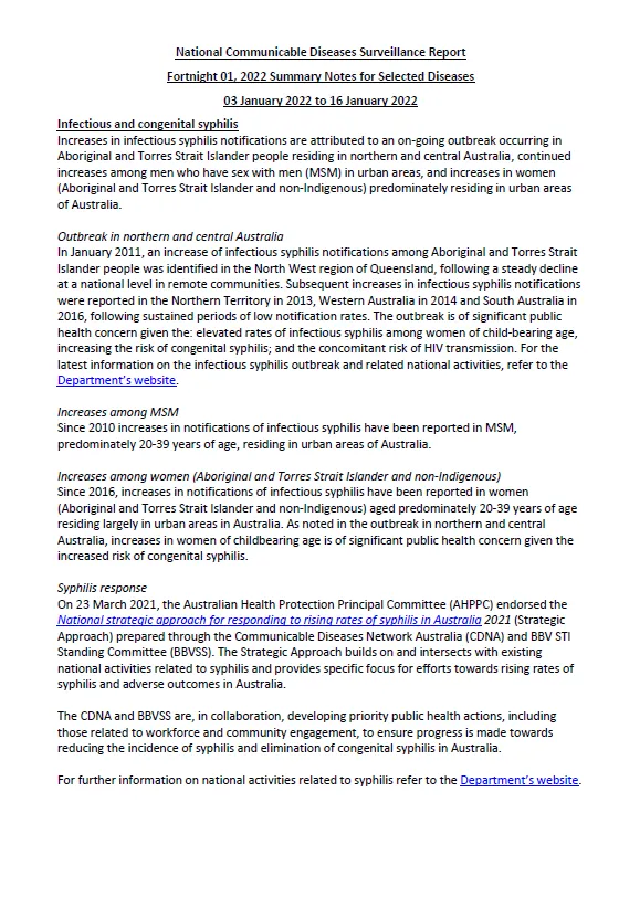Cover image for National Notifiable Diseases Surveillance System (NNDSS) fortnightly reports – 3 to 16 January 2022