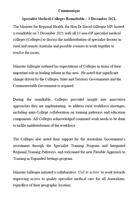 Specialist Medical Colleges Roundtable Communique – 3 December 2021
