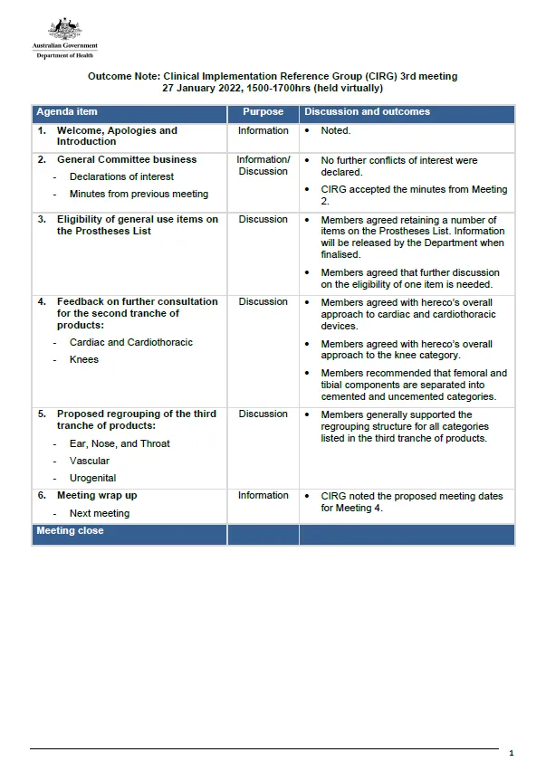 Outcome Note: Clinical Implementation Reference Group (CIRG) 3rd meeting – 27 January 2022
