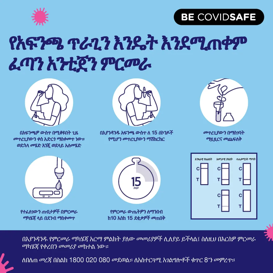 Coronavirus (COVID-19) – Social – Amharic	የእኔ ፈጣን አንቲጀን ምርመራ ውጤት ምን ማለት ነው?	ፈጣን አንቲጀን እንዴት እንደሚጠቀም በአፍ ምራቅ ምርመራ ማድረግ	የአፍንጫ ጥራጊን እንዴት እንደሚጠቀም ፈጣን አንቲጀን ምርመራ	በእኔ ፈጣን አንቲጀን ምርመራ ቫይረስ እንዳ (Nasal swab RAT)