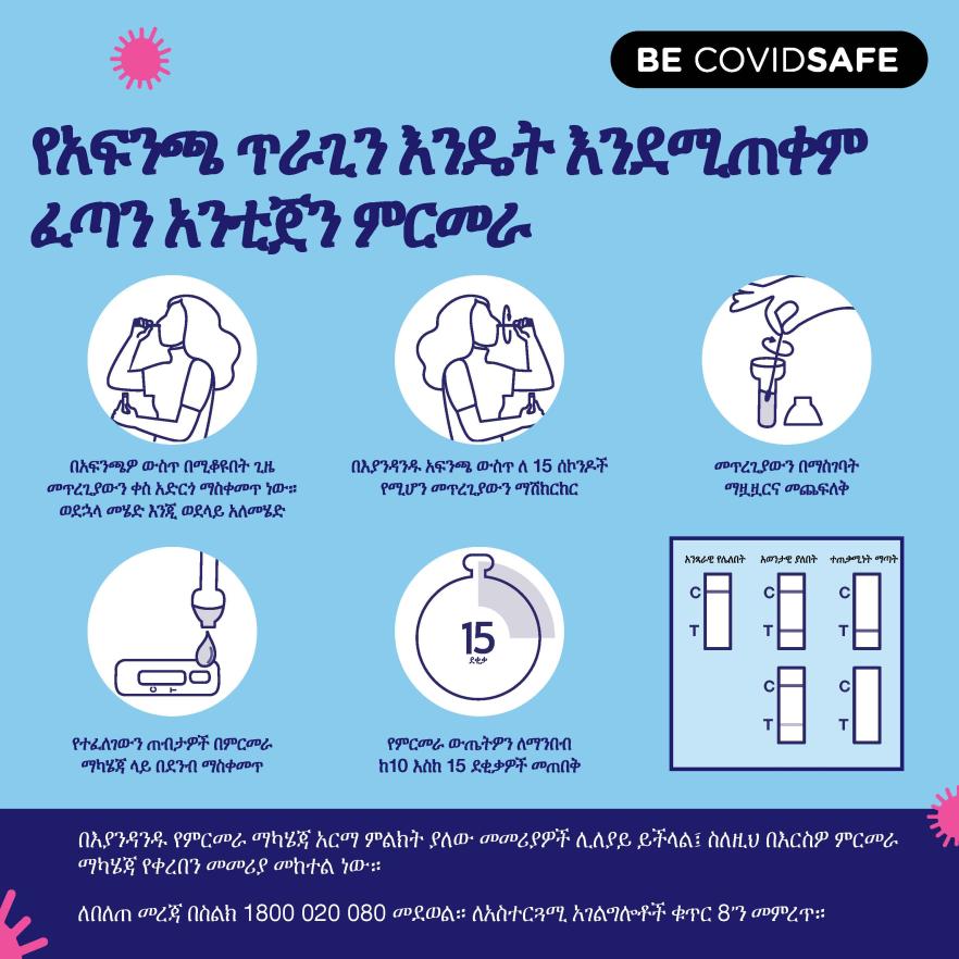 Coronavirus (COVID-19) – Social – Amharic	የእኔ ፈጣን አንቲጀን ምርመራ ውጤት ምን ማለት ነው?	ፈጣን አንቲጀን እንዴት እንደሚጠቀም በአፍ ምራቅ ምርመራ ማድረግ	የአፍንጫ ጥራጊን እንዴት እንደሚጠቀም ፈጣን አንቲጀን ምርመራ	በእኔ ፈጣን አንቲጀን ምርመራ ቫይረስ እንዳ (Nasal swab RAT)