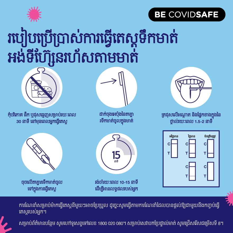 Coronavirus (COVID-19) – Social – របៀបប្រើប្រាស់ការធ្វើតេស្តទឹកមាត់ អង់ទីហ៊្សែនរហ័សតាមមាត់ (Rapid antigen oral saliva test)