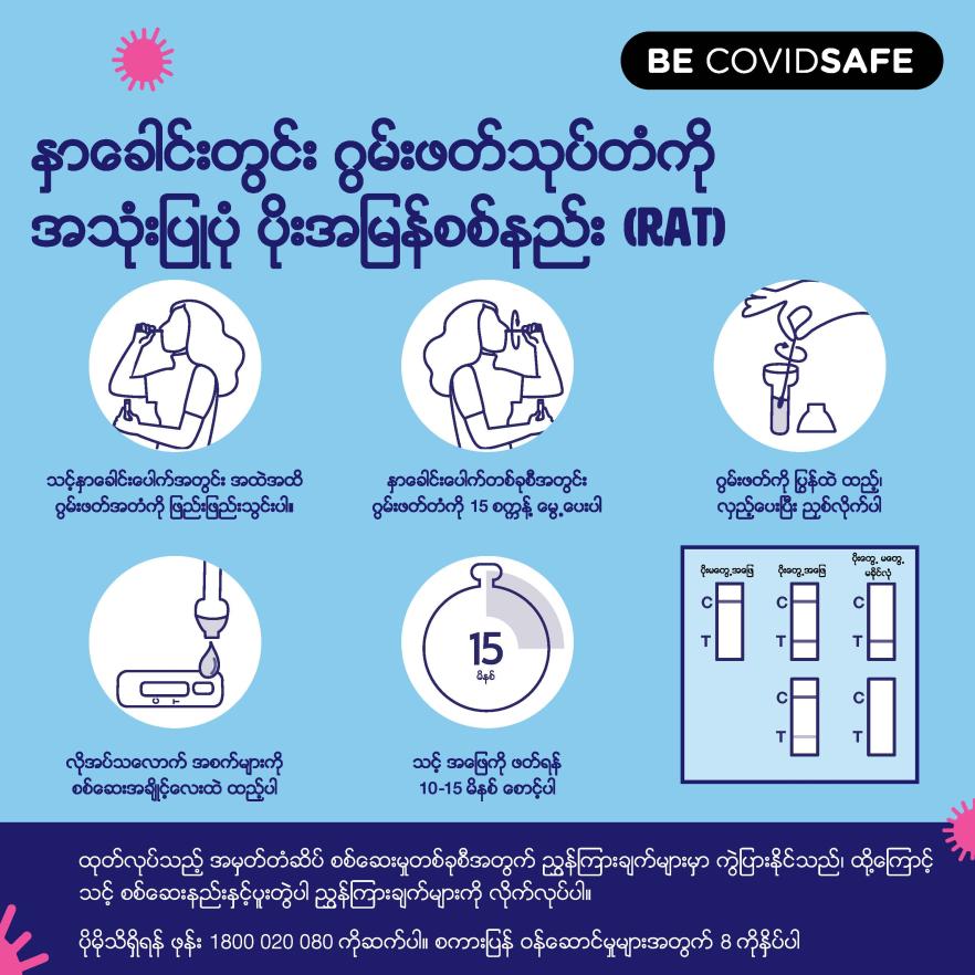 Coronavirus (COVID-19) – Social – နှာခေါင်းတွင်း ဂွမ်းဖတ်သုပ်တံကို အသုံးပြုပုံ ပိုးအမြန်စစ်နည်း (RAT) (Nasal swab RAT)