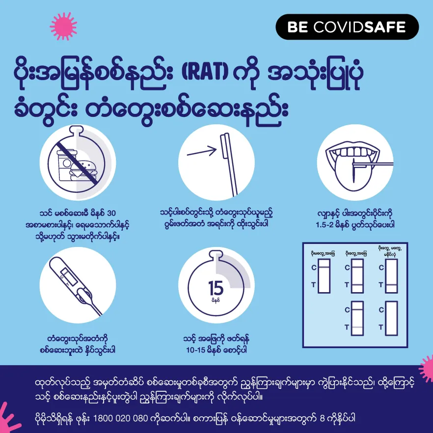 Coronavirus (COVID-19) – Social – ပိုးအမြန်စစ်နည်း (RAT) ကို အသုံးပြုပုံ ခံတွင်း တံတွေးစစ်ဆေးနည်း (Rapid antigen oral saliva test)