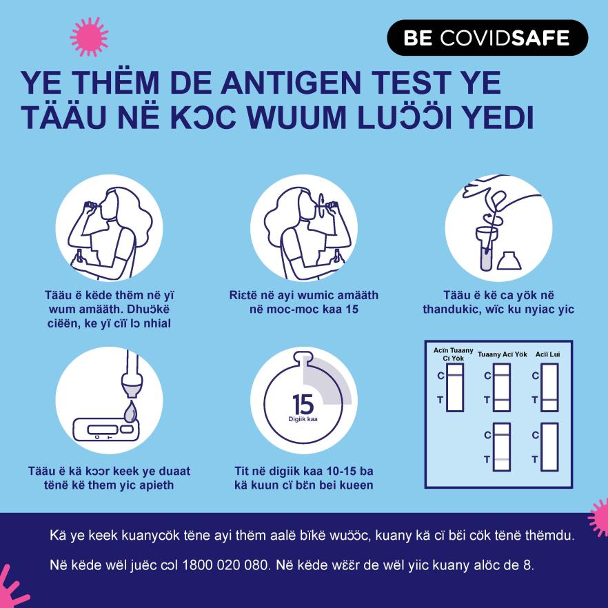 Coronavirus (COVID-19) – Social – YE THËM DE ANTIGEN TEST YE TÄÄU NË KƆC WUUM LUƆ̈Ɔ̈I YEDI (Nasal swab RAT)