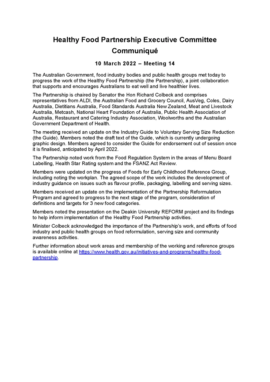 Healthy Food Partnership – Executive Committee communique – March 2022