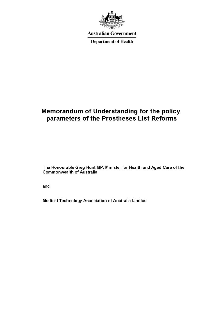 Memorandum of Understanding for the policy parameters of the Prostheses List Reforms