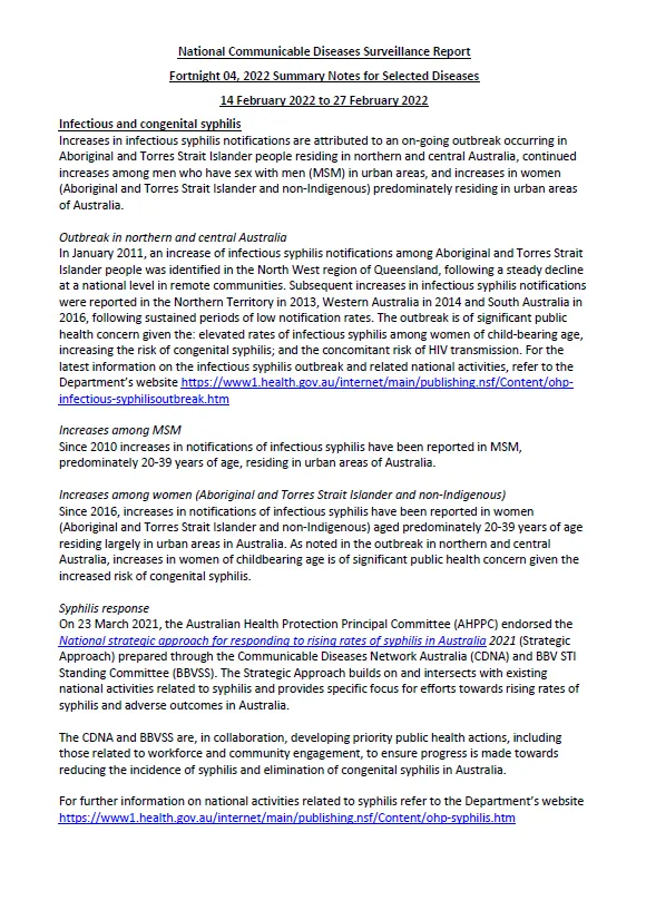 Cover image for National Notifiable Diseases Surveillance System (NNDSS) fortnightly reports – 14 to 27 February 2022