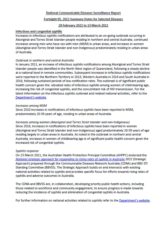 Cover image for National Notifiable Diseases Surveillance System (NNDSS) fortnightly reports – 28 February to 13 March 2022