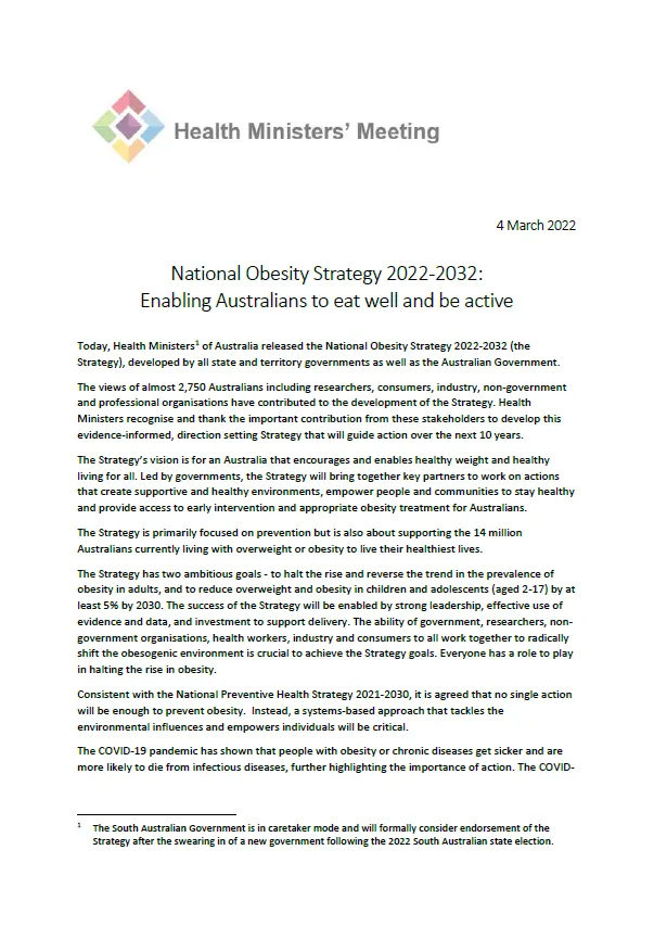 National Obesity Strategy 2022–2032 – Joint Statement from all Australian Health Ministers