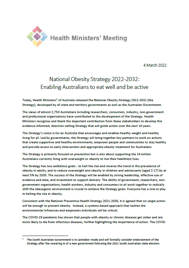 National Obesity Strategy 2022–2032 – Joint Statement from all Australian Health Ministers