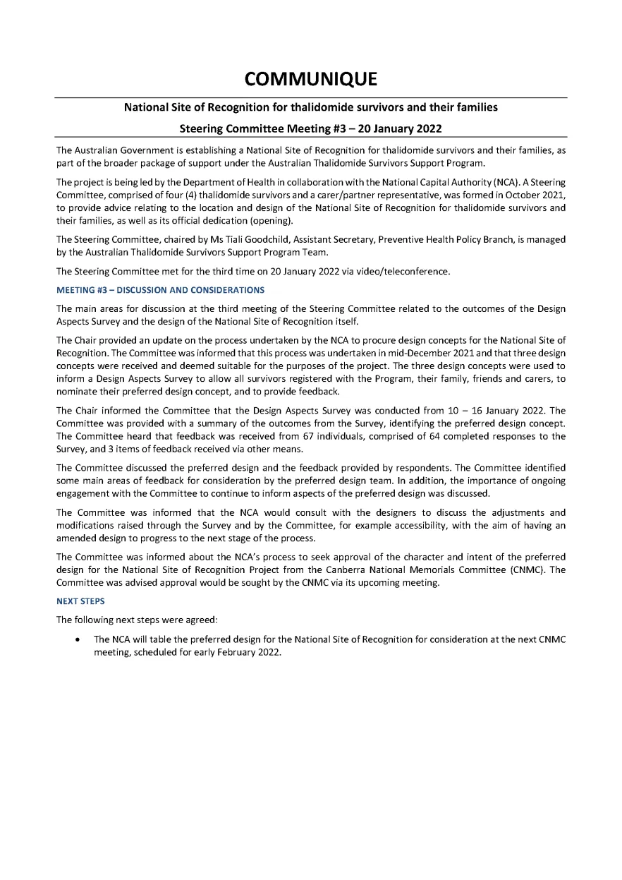 National Site of Recognition for thalidomide survivors and their families Steering Committee Communique