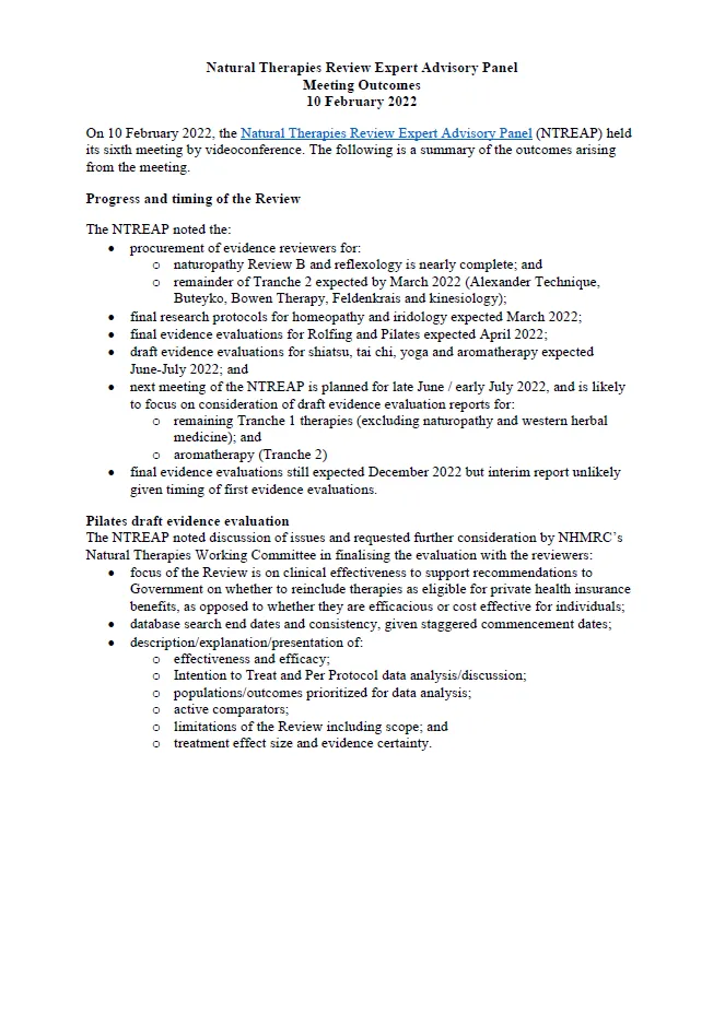 Natural Therapies Review Expert Advisory Panel Meeting Outcomes 10 February 2022