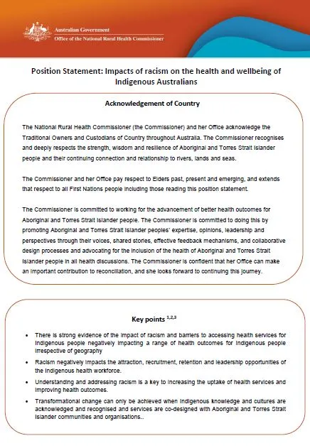 Position Statement - Impacts of racism on the health and wellbeing of Indigenous Australians