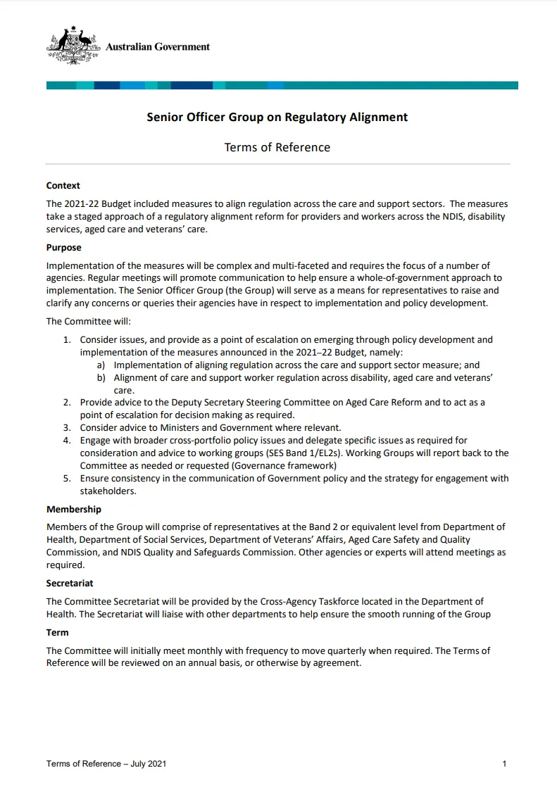 Senior Officer Group on Regulatory Alignment – Terms of reference