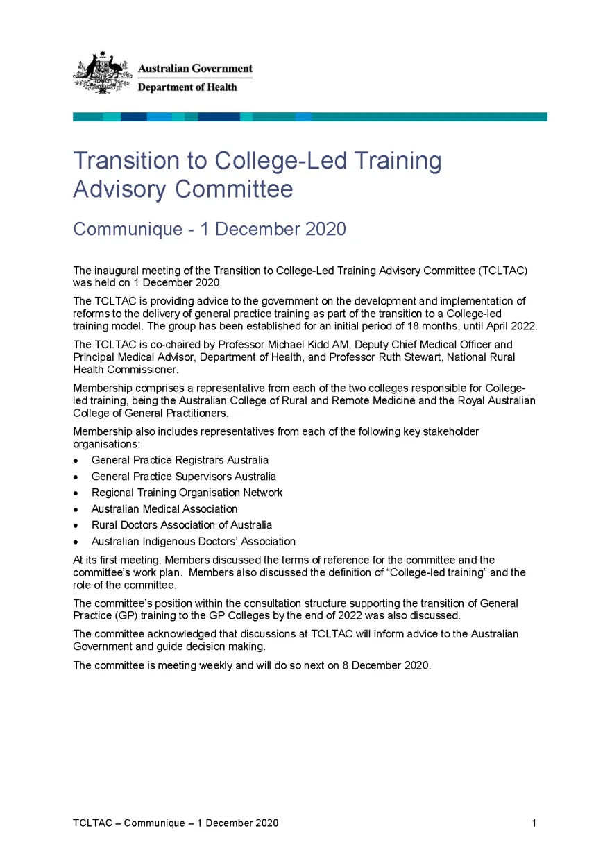 Transition to College-Led Training Advisory Committee communique