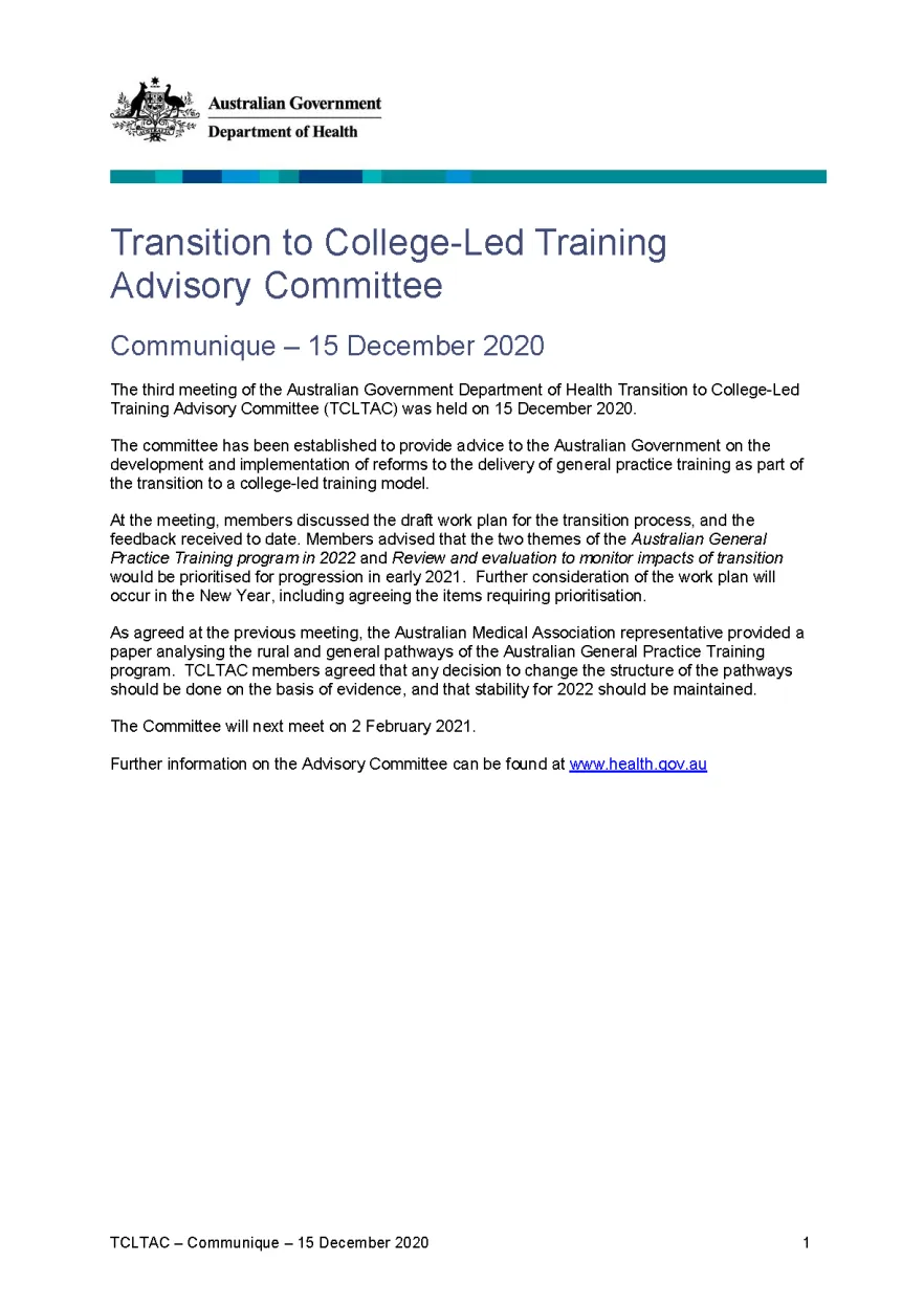 Transition to College-Led Training Advisory Committee communique