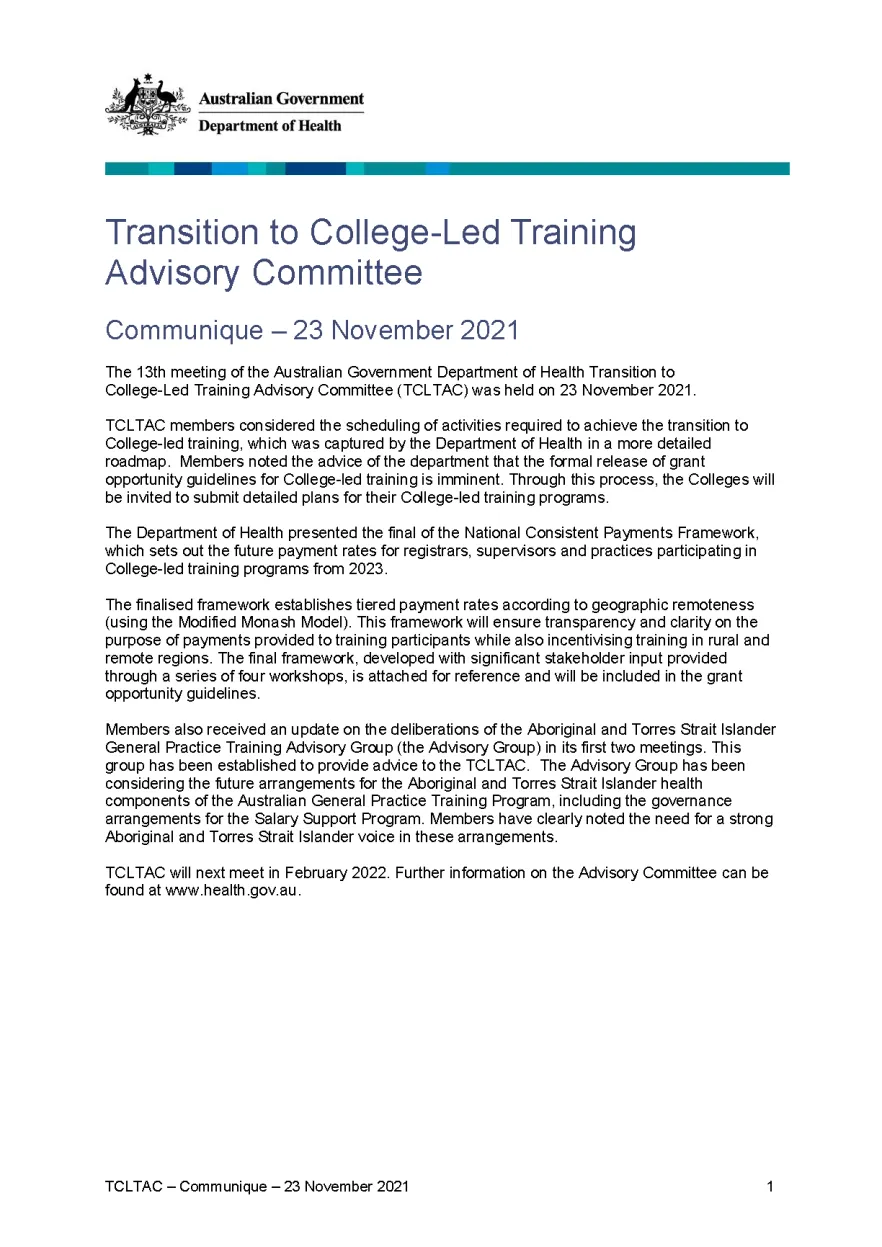 Transition to College-Led Training Advisory Committee communique