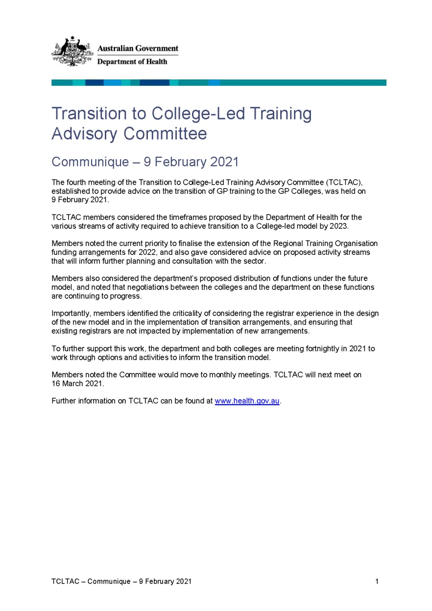 Transition to College-Led Training Advisory Committee communique
