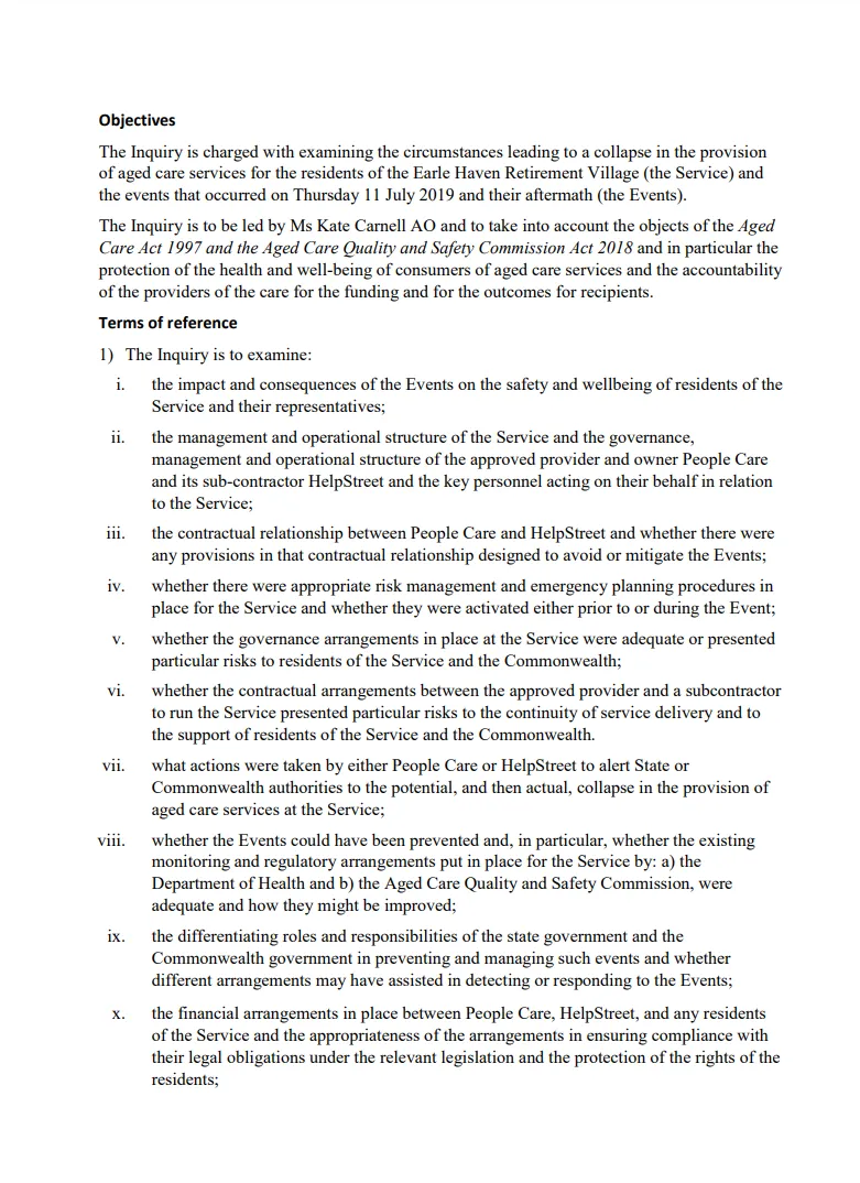 Terms of Reference for Inquiry into Earle Haven Retirement Village