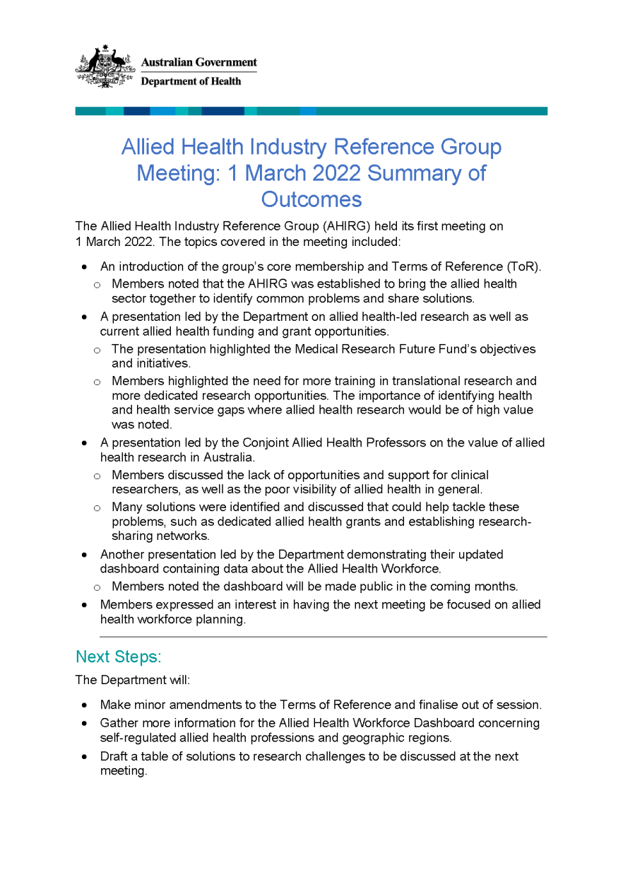 Allied Health Industry Reference Group Meeting