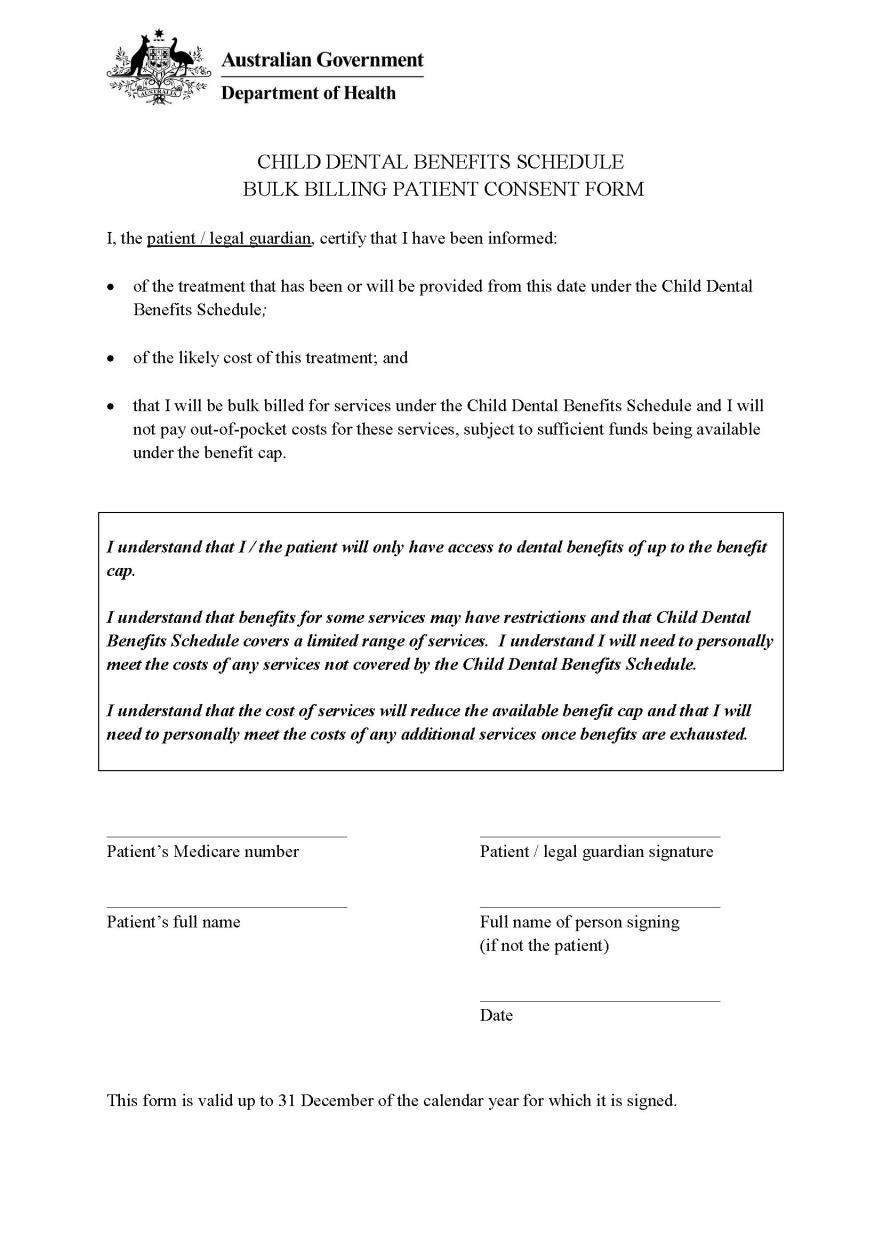 Bulk billing patient consent form – Child Dental Benefits Schedule