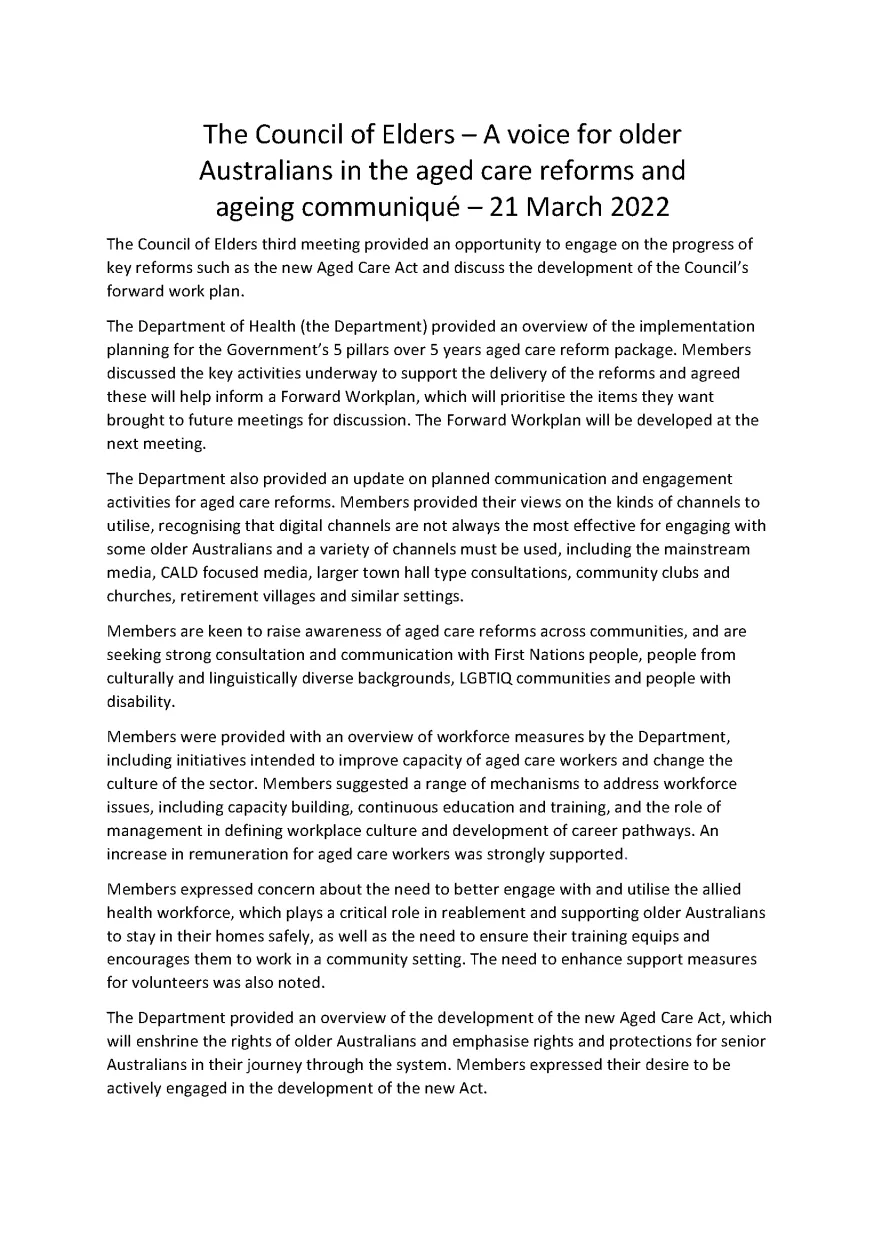 The Council of Elders – A voice for older Australians in the aged care reforms and ageing communiqué