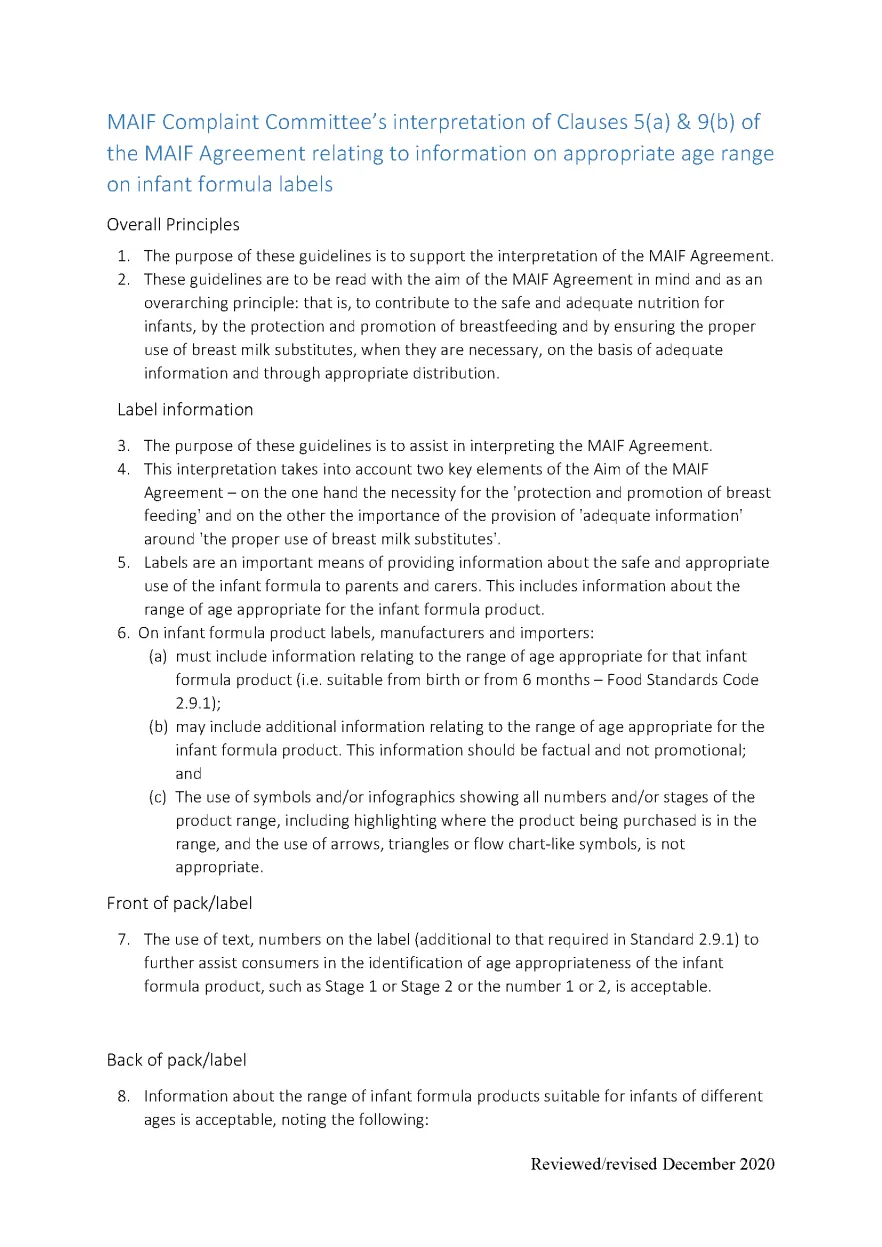 MAIF Agreement – Guidance document age range information
