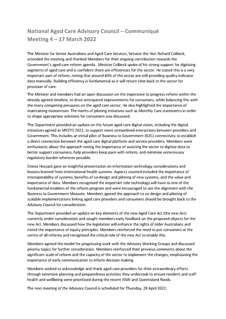 National Aged Care Advisory Council communique