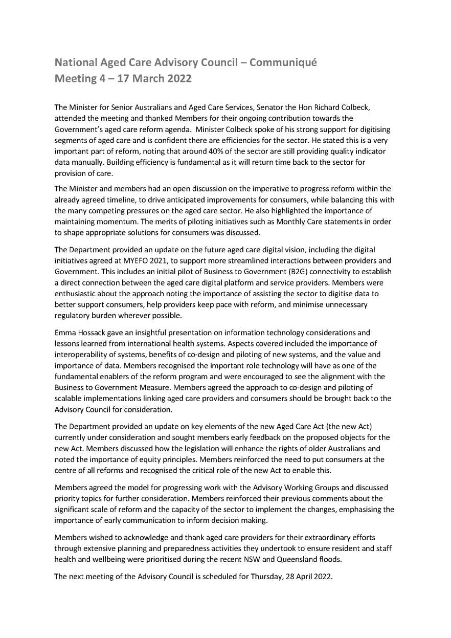 National Aged Care Advisory Council communique