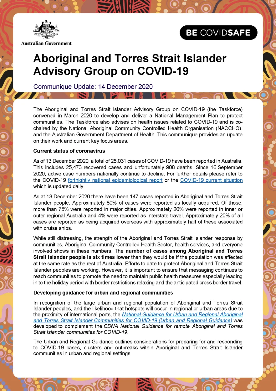 Aboriginal and Torres Strait Islander Advisory Group on COVID-19 communique – 14 December 2020