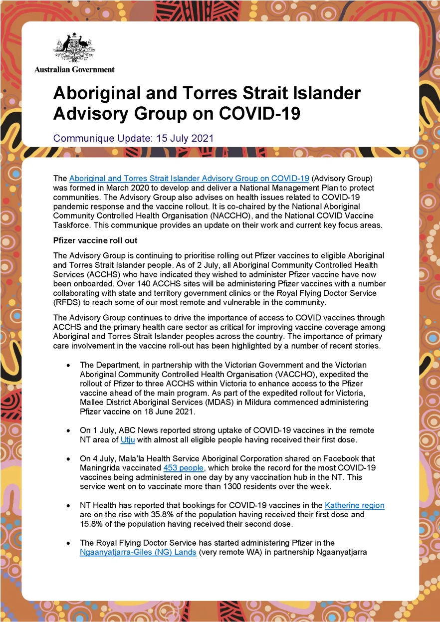 Aboriginal and Torres Strait Islander Advisory Group on COVID-19 communique – 15 July 2021