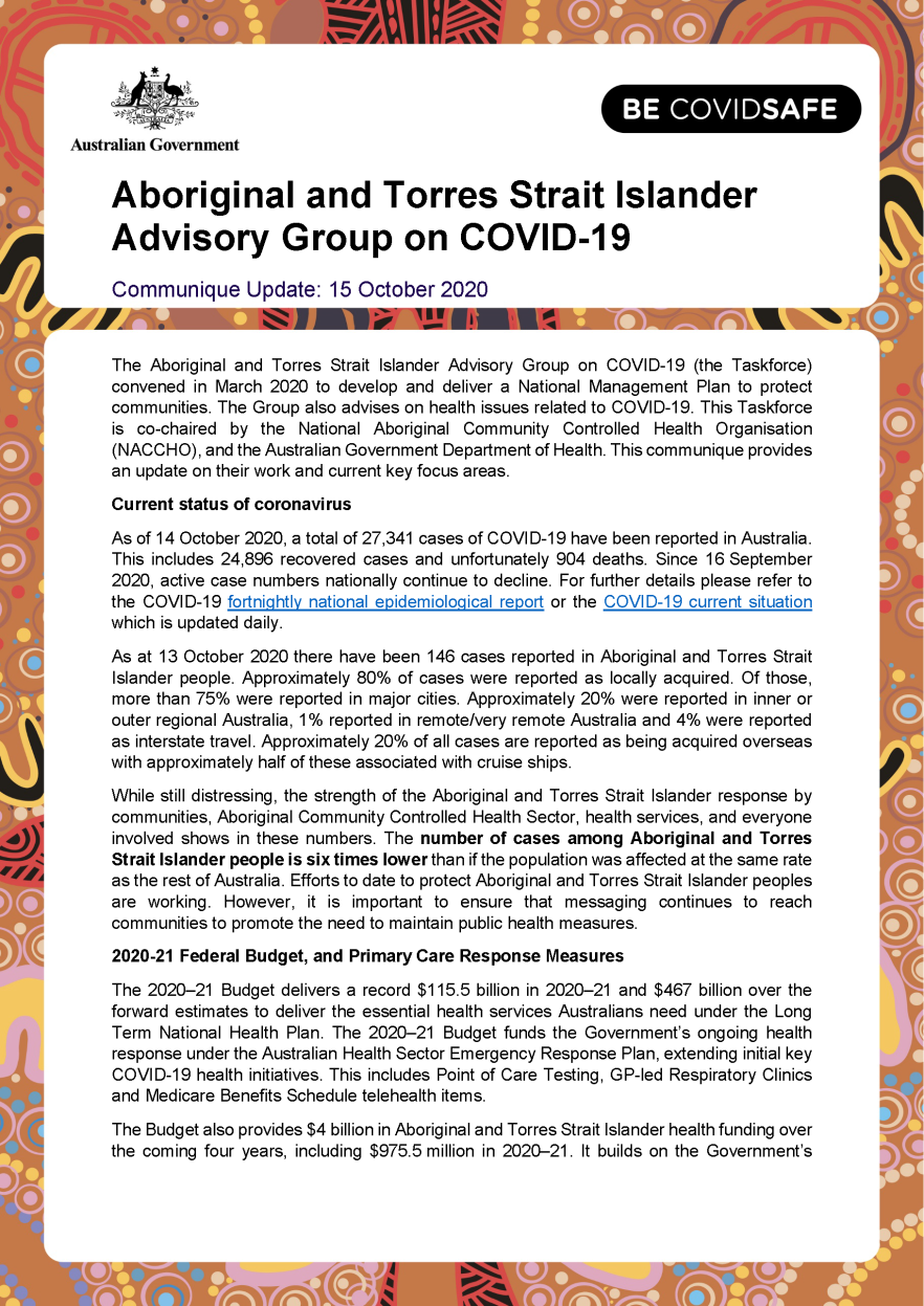 Aboriginal and Torres Strait Islander Advisory Group on COVID-19 communique – 15 October 2020