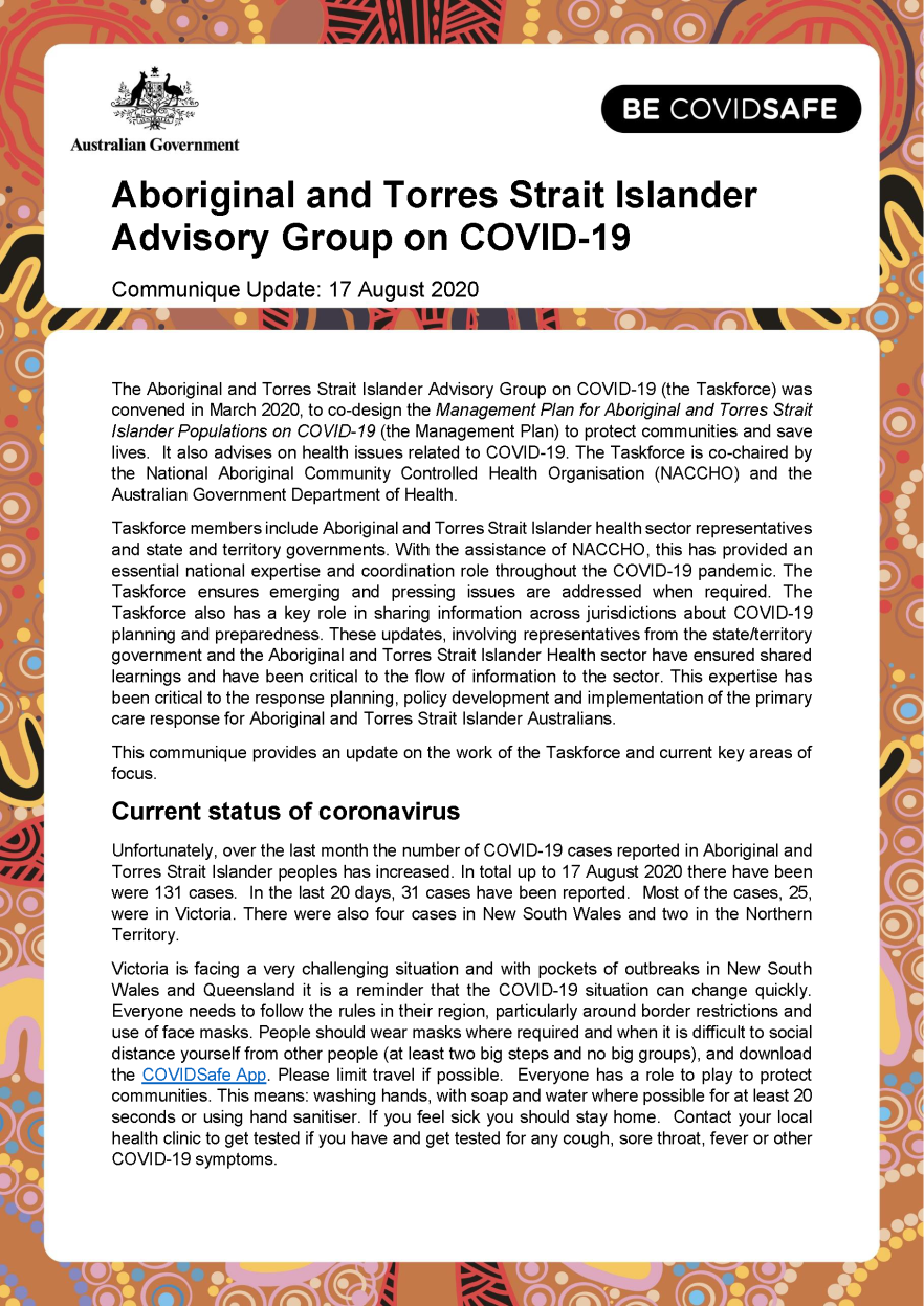 Aboriginal and Torres Strait Islander Advisory Group on COVID-19 communique – 17 August 2020