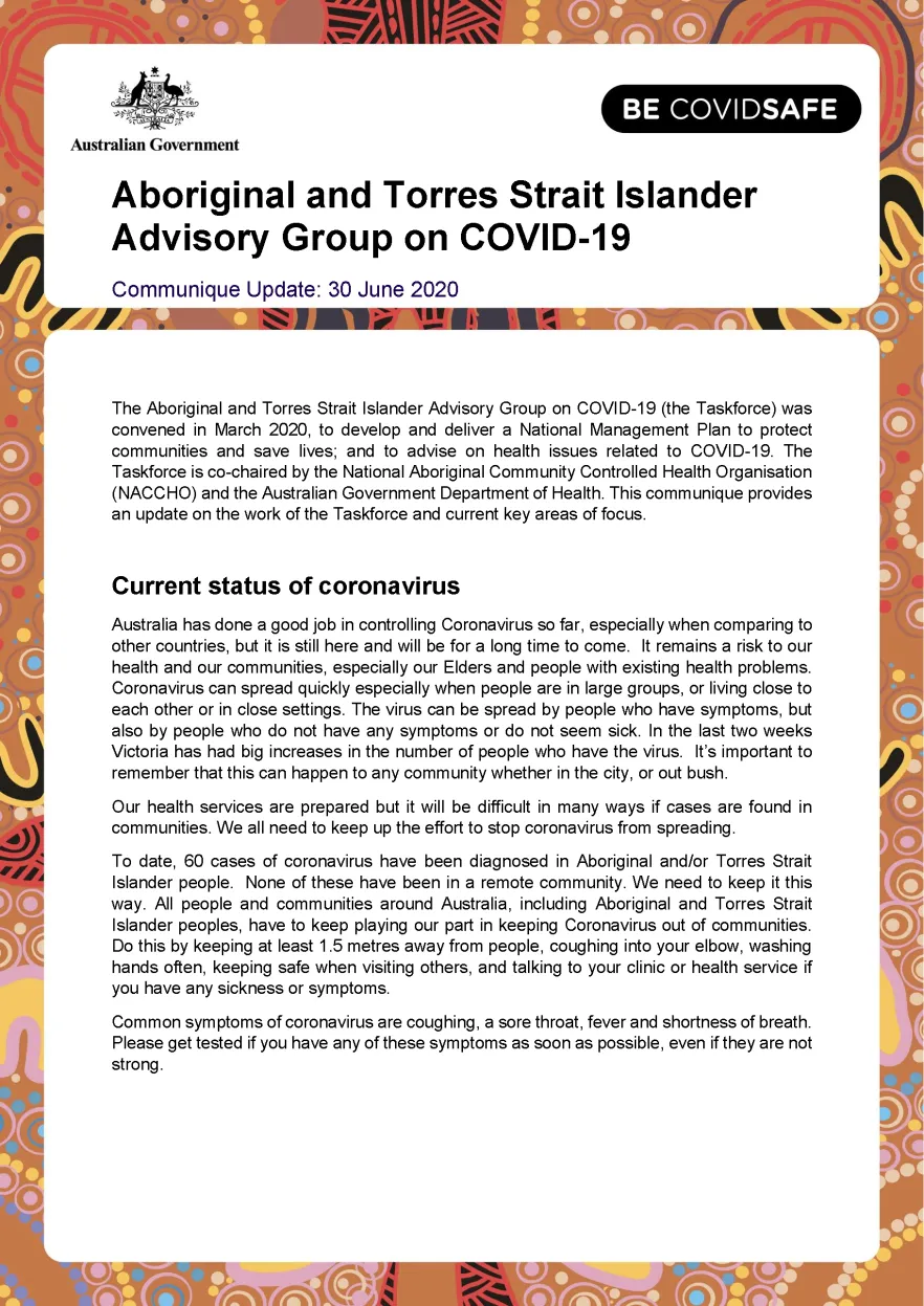 Aboriginal and Torres Strait Islander Advisory Group on COVID-19 communique – 30 June 2020