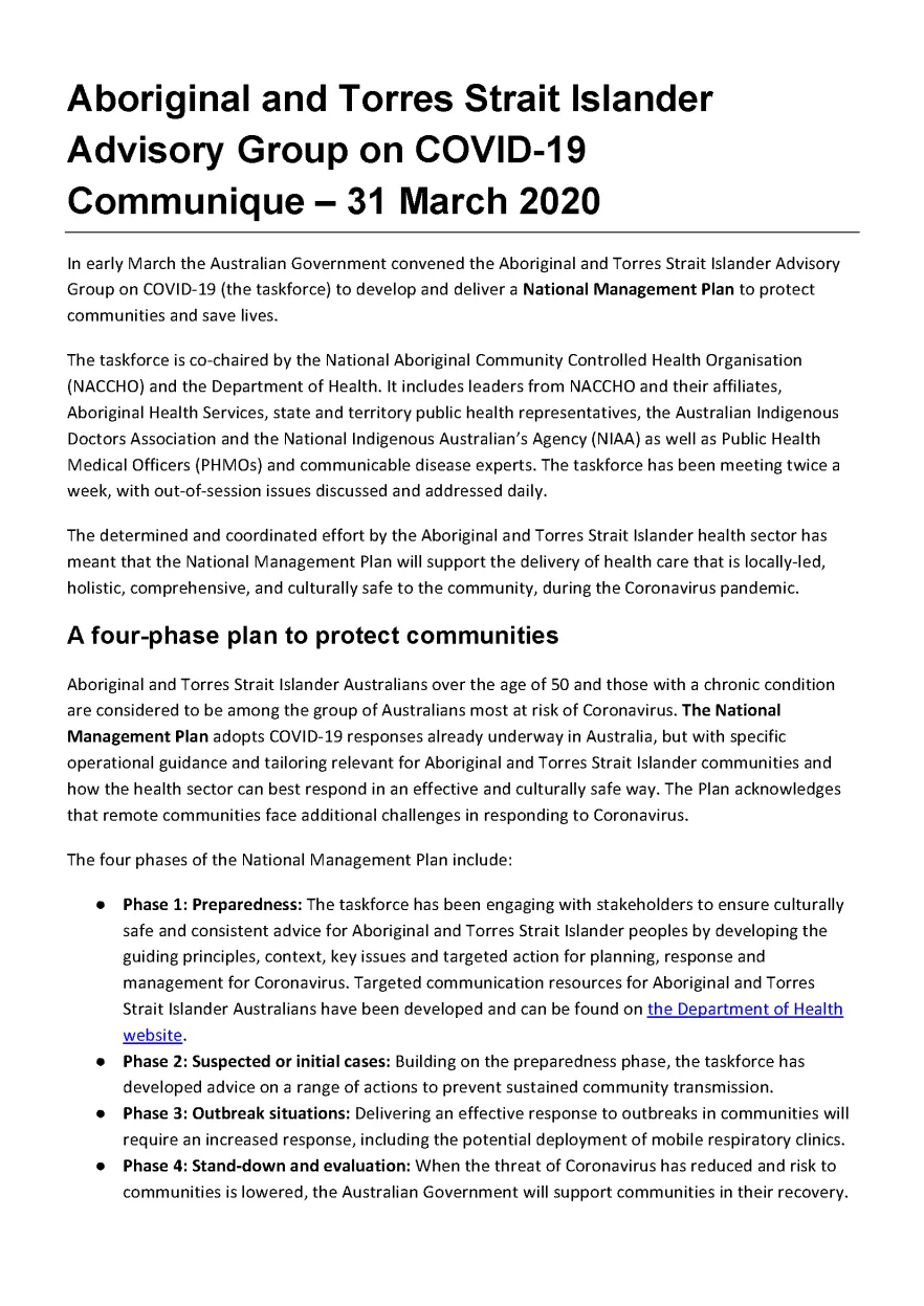 Aboriginal and Torres Strait Islander Advisory Group on COVID-19 communique – 31 March 2020