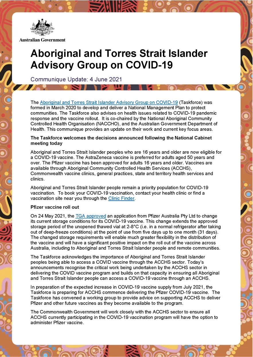 Aboriginal and Torres Strait Islander Advisory Group on COVID-19 Communiques 4 June 2021 