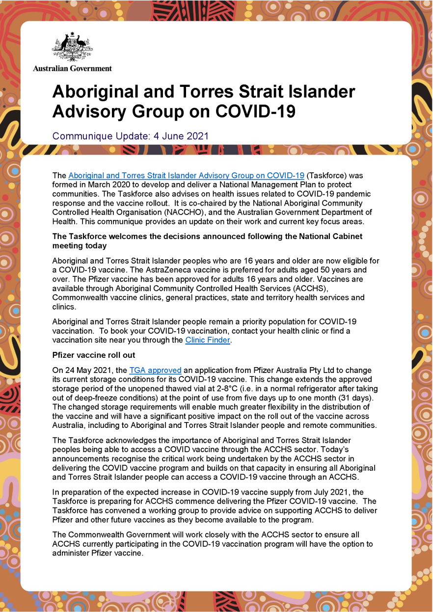 Aboriginal and Torres Strait Islander Advisory Group on COVID-19 Communiques 4 June 2021 